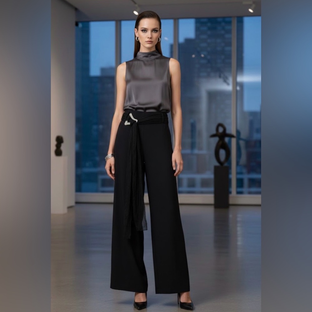 SOLANGE New York Black Wide Leg Palazzo Pants with Crystal Buckle Belt - Size 6